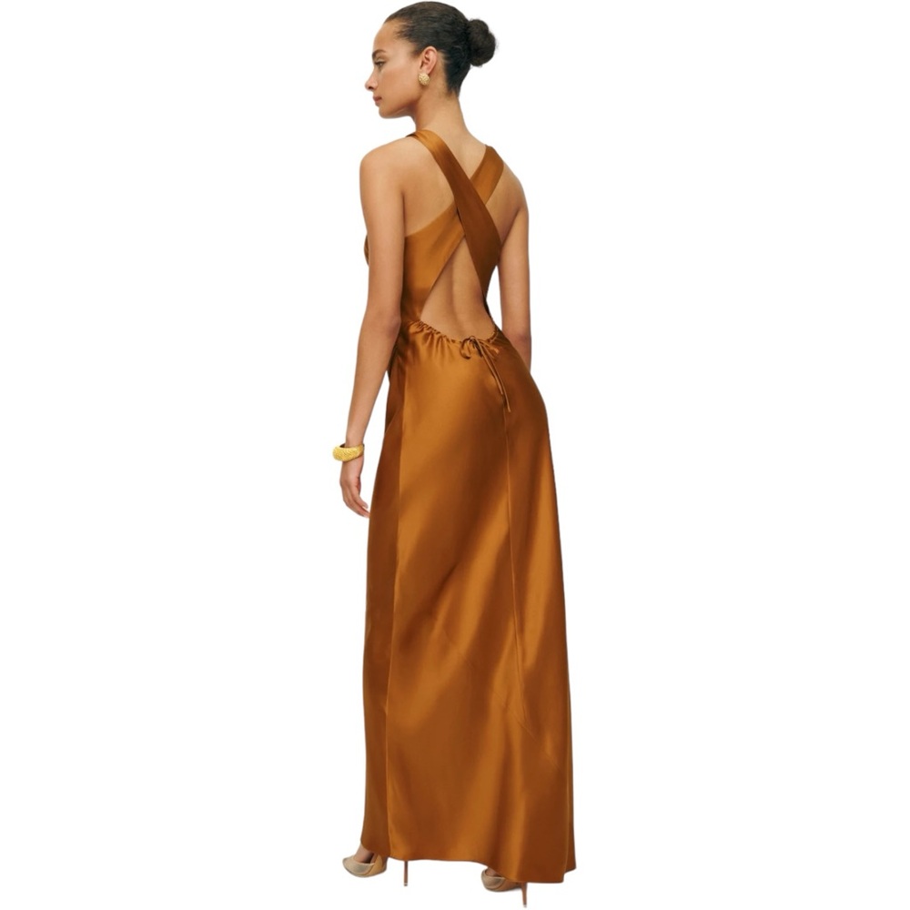 Reformation Glossy Copper-Brown Satin Midi Dress - Picture 4 of 11